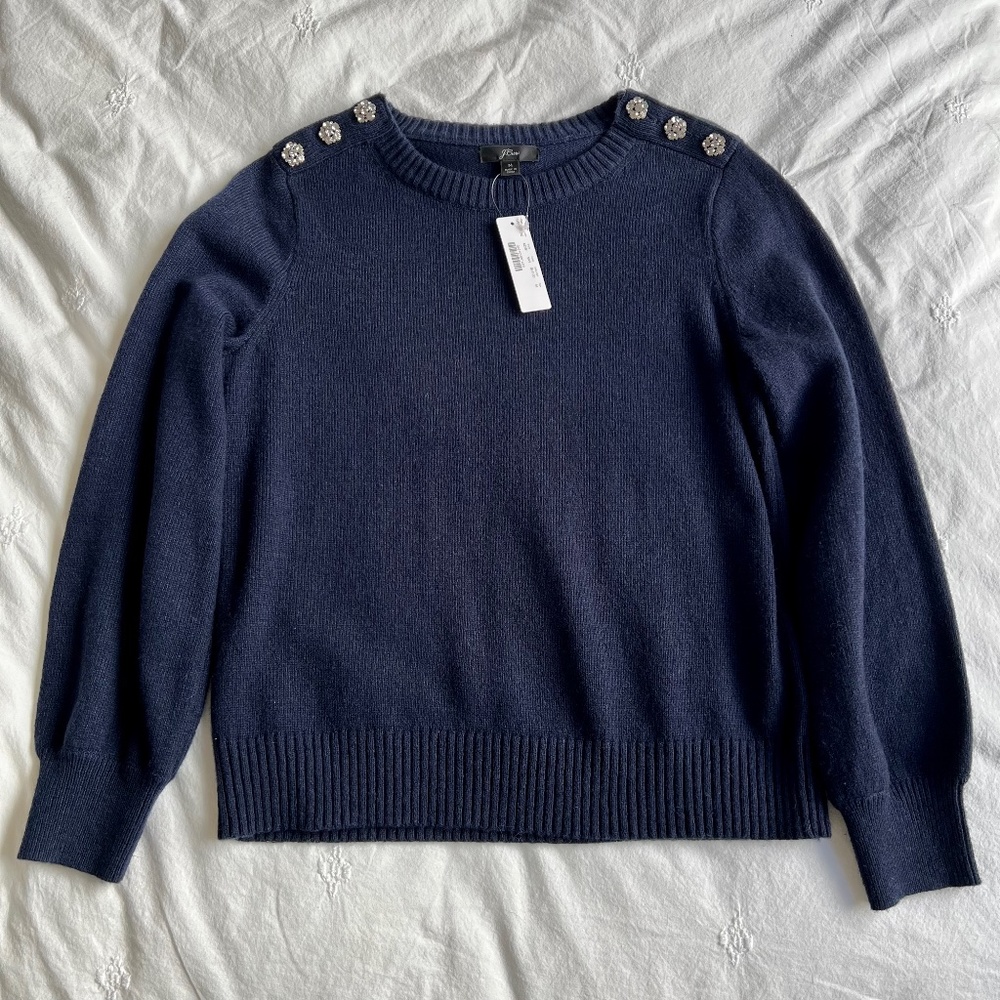 NWT J.Crew Crewneck sweater with jeweled buttons | Color: Navy | Size: M 💙💎